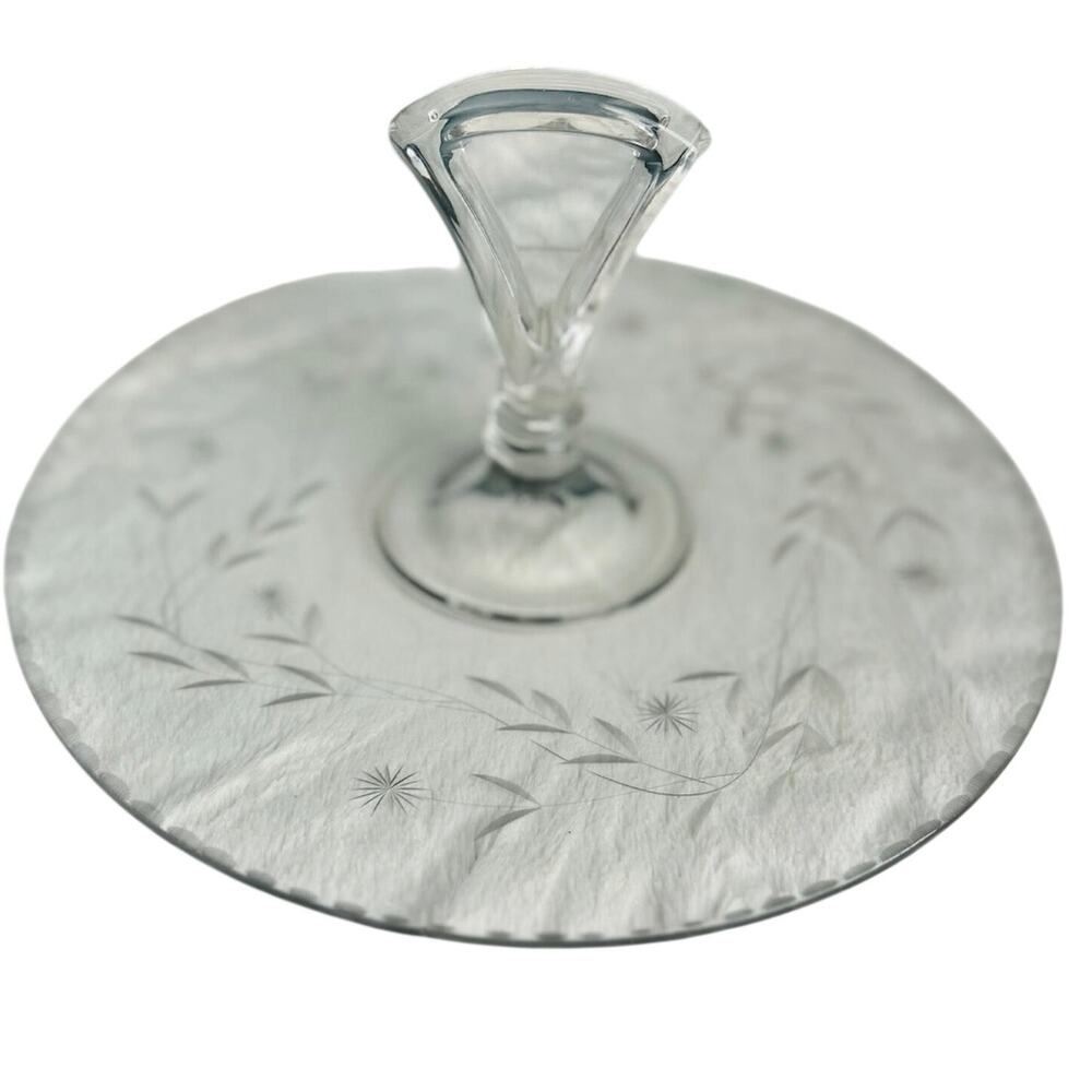 Tidbit 11” Serving Tray Dish Etched Glass Handle Floral Scallop Trim Vintage